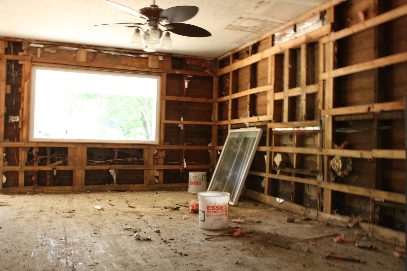 Room stripped to the studs after the charred drywall and insulation were removed